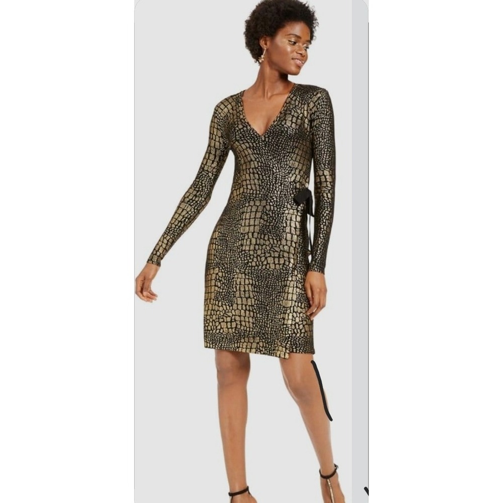 INC International Concepts Gold Black Metallic Snake Print Faux Wrap Dress Small